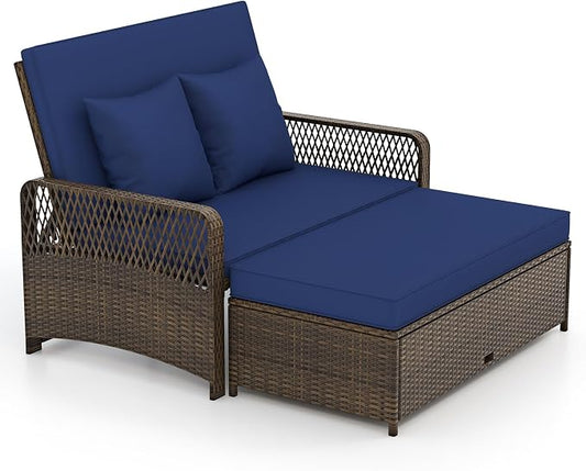 Tangkula Patio Rattan Daybed with 4-Level Adjustable Backrest, 2-Person Outdoor Wicker Loveseat with Storage Ottoman & Soft Cushions, Double Sunbed Lounger for Backyard, Porch, Poolside (Navy)