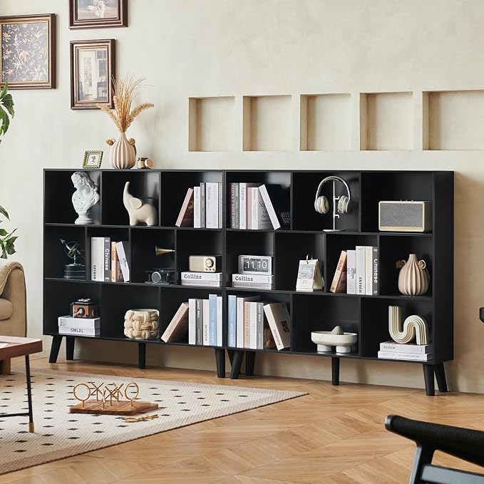 LEYAOYAO 10 Cube Bookshelf,3 Tier Modern Wide Bookcase with Legs,Mid-Century Wood Bookshelves Storage,Black Large Book Case,Freestanding Organizer Display Shelf for Bedroom,Living Room,Office
