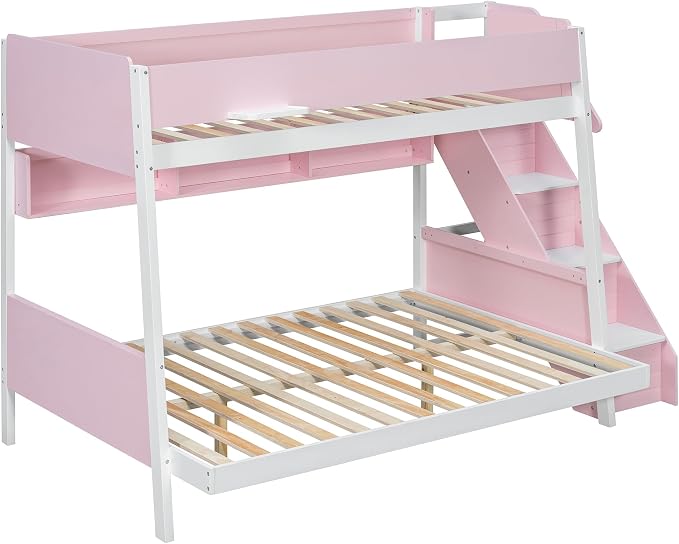 Wood Bunk Bed Twin Over Full with Staircase and Side Shelves | Striped-Design Staircase, Built-In Light Strip, Space-Saving Design, Kids Teens Adults, Versatile Bed Frame