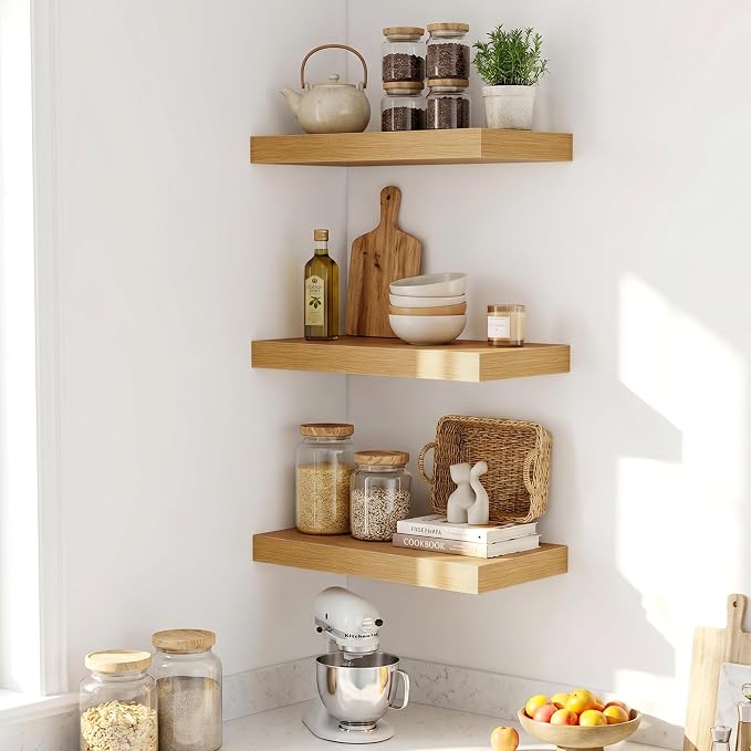 Fun Memories Wood Floating Shelves 20 Inch, 10 Inch Deep Shelves Wall Mount, Wall Shelves with Invisible Bracket, 20" Floating Shelves for Living Room Bathroom Bedroom, Oak, Set of 2