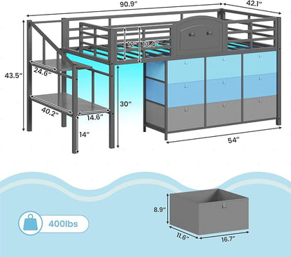 VIAGDO Low Loft Bed Twin Size with 9 Storage Drawers and LED Lights, Metal Twin Loft Bed with Stairway Shelf Storage, Low Loft Bed with Safety Guardrail and Under-Bed Hideaway for Kids, Grey