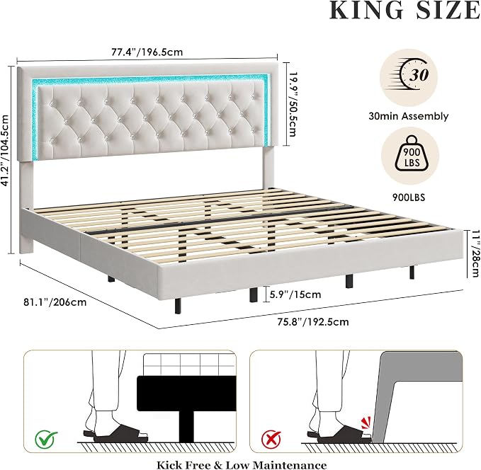 Garvee Floating Bed Frame King Size with Smart Led Lights, Upholstered Platform Bed with Diamond Headboard, Solid Wood Slats Support, No Box Spring Needed, Noise-Free, Easy Assembly, White