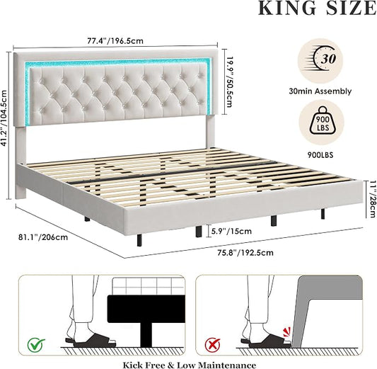 Garvee Floating Bed Frame King Size with Smart Led Lights, Upholstered Platform Bed with Diamond Headboard, Solid Wood Slats Support, No Box Spring Needed, Noise-Free, Easy Assembly, White
