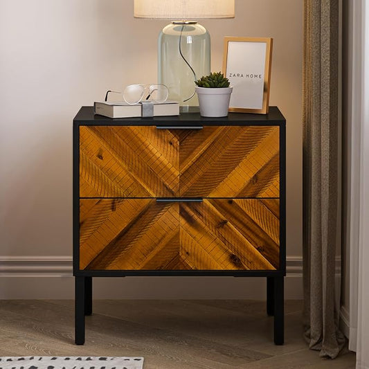 Bme Vivian Nightstand with 2 Drawers, Solid Acacia Wood Bedside Table, Rustic Golden Brown Mid Legacy Modern Night Stand with Storage for Bedroom, Solid Wood End Table with Metal Legs