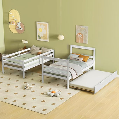 Giantex Bunk Bed Twin Over Twin with Trundle & Storage Stairs, Solid Wood Bunk Bed, Convertible to 2 Beds, Versatile Bunk Beds for Kids Teens Adults,White
