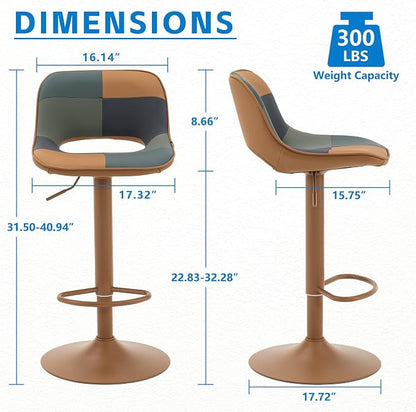 YOUNIKE Bar Stools Set of 2, Boho Colorful Patchwork Barstools, Adjustable Swivel Counter Height Bar Stool Faux Leather Upholstered Barstool with Back, Compact Bar Chair for Kitchen Island, TanGreen