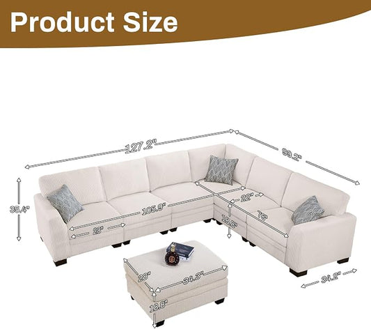 Legend Vansen Oversized Modular Sectional Sofa,7 Seat U Shaped Couch with Ottoman,Corduroy Sofa with Deep Seat,Convertible Large Sectional Couches for Living Room(Cream, L-7)