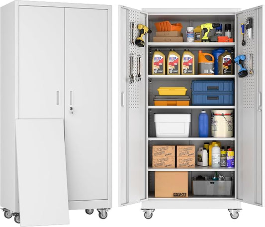 Garage Storage Cabinet with Wheels & Pegboard, 71" H x 34" W x 18" D Locking Metal Storage Cabinet with 2 Doors and 5 Adjustable Shelves for Garage, Home, White, Assembly Required