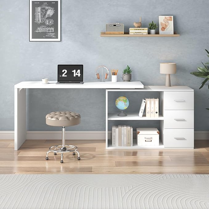 HSH White L Shaped Desk with Drawers Shelves, Corner Home Office Desk L Shape with Storage Cabinet, Large Wood Computer Desk for PC Executive Work Writing Study, Modern Living Room Bedroom Table,60 In