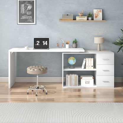 HSH White L Shaped Desk with Drawers Shelves, Corner Home Office Desk L Shape with Storage Cabinet, Large Wood Computer Desk for PC Executive Work Writing Study, Modern Living Room Bedroom Table,60 In