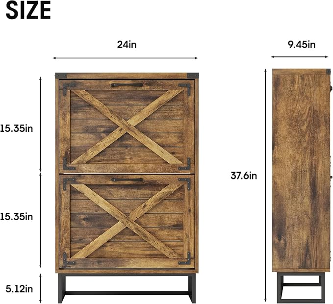 Maupvit 24" W Farmhouse Shoe Cabinet Storage for Entryway, Freestanding Organizer with 2 Flip Drawers, Narrow Shoe Rack Cabinet with Metal Corner Decoration, Rustic Brown