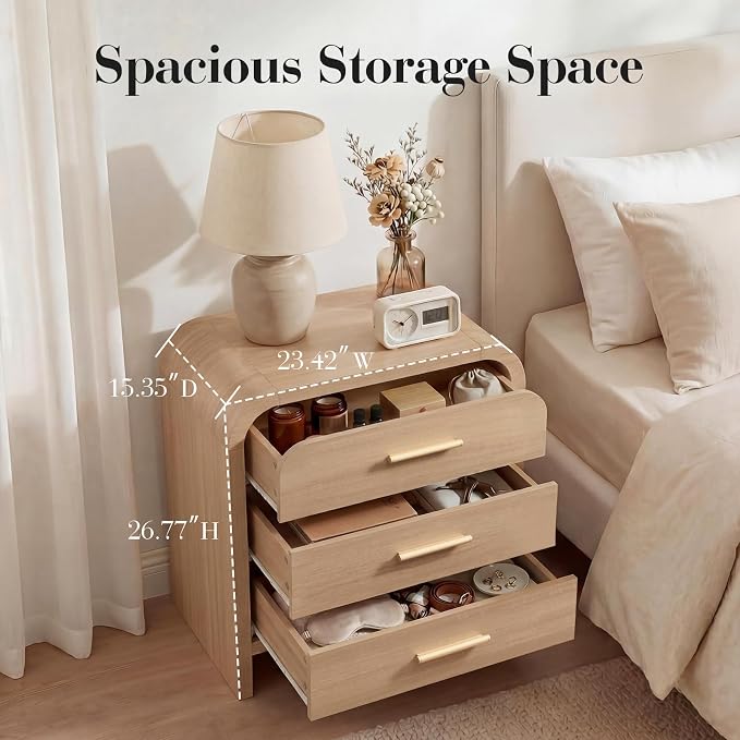Night Stand [Unique Curved Profile] [FSC-Certified Wooden Board] 3-Drawer Nightstand 26.7" H Metal Handle Modern Sturdy Bedside Table Side Table End Table