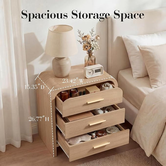 Night Stand [Unique Curved Profile] [FSC-Certified Wooden Board] 3-Drawer Nightstand 26.7" H Metal Handle Modern Sturdy Bedside Table Side Table End Table