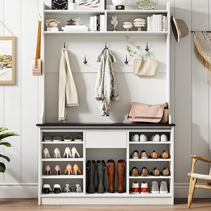 4ever2buy Farmhouse Hall Tree with Bench 5-in-1 Entryway Bench with Coat Rack with Sliding Barn Doors Entryway Coat Rack with Shoe Storage