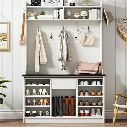 4ever2buy Farmhouse Hall Tree with Bench 5-in-1 Entryway Bench with Coat Rack with Sliding Barn Doors Entryway Coat Rack with Shoe Storage