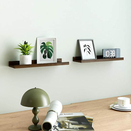 Floating Shelves for Wall Decor, Wall Mounted Wood Storage Shelf for Bedroom, Living Room, Bathroom, Kitchen, Nursery, Rustic Display Picture Ledge Shelf with Lip Set of 2-16 Inches, Walnut