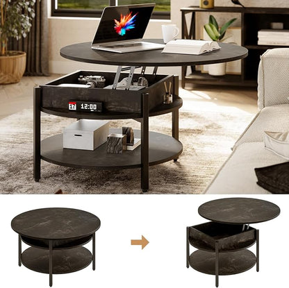 FABATO Round Lift Top Coffee Table with Storage and Hidden Compartment, 26.77'' Farmhouse Coffee Table for Living Room Reception Room, 2 Tier Small Round Coffee Table Circle Dining Table, Black Oak | Lift Top