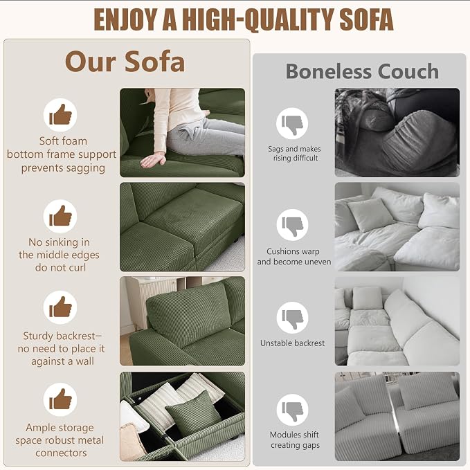 127" Modular Sectional Sofa with Storage, Corduroy 6-Seater U-Shaped Sofa with Ottoman Chaise, Cloud Sectional Couches for Living Room, Apartment