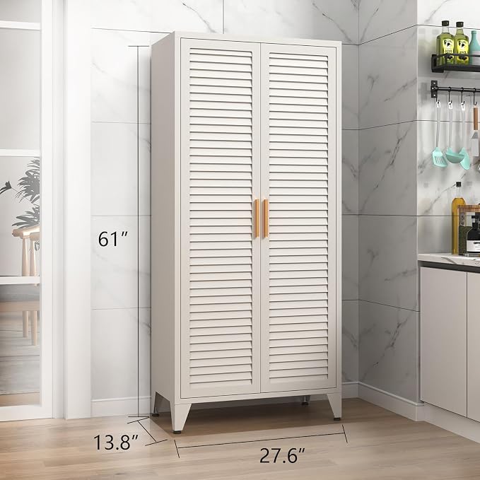 61 "H White Metal Cutlery Cabinet with Door Freestanding Kitchen Cabinet with 3 Adjustable Shelf Side Panels, Suitable for Kitchen, Living Room, Dining Room Metal Cabinet,Requires Assembly ﻿