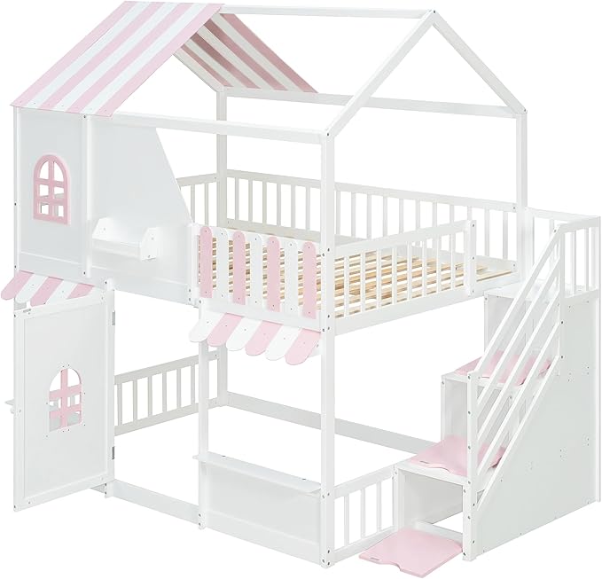 Merax Full Over Full Wood House Bunk Bed with Storage Staircase & Shelves, Floor Multifunction Bunk Bed with Full Length Gardrails for Bedroom,Playhouse Design, Roof & Door, Space Saving,White+Pink