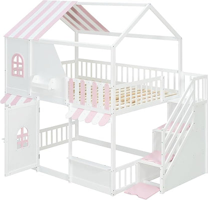 Merax Full Over Full Wood House Bunk Bed with Storage Staircase & Shelves, Floor Multifunction Bunk Bed with Full Length Gardrails for Bedroom,Playhouse Design, Roof & Door, Space Saving,White+Pink