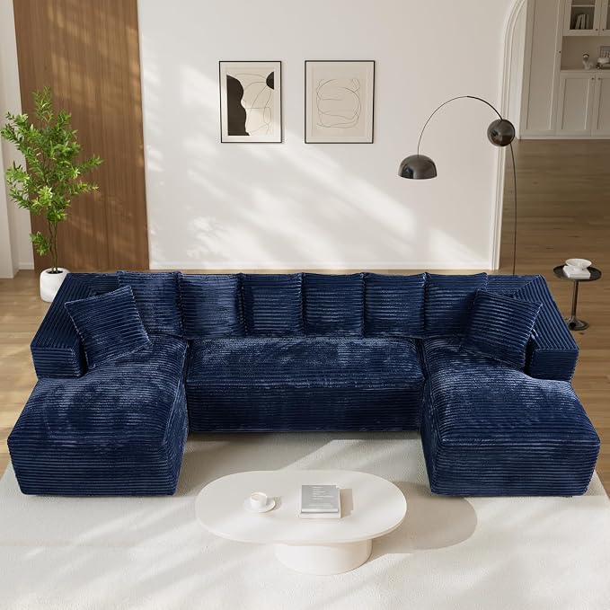131" Oversized U Shaped Cloud Sectional Couches for Living Room, Comfy Fluffy Corduroy Blue Boneless Sectionals Couch, Plush Memory Foam Modular Sectional Sofa with Chaise- 19" Seat Height
