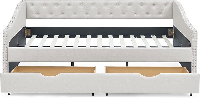 KEIKI Full Size Upholstery Daybed with 2 Drawers and Headboard, Mid-Century Style Tufted Sofa Bed with Button on Back, Easy Assembly, No Box Spring Required, for Living Room and Bedroom, Beige