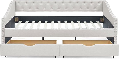 KEIKI Full Size Upholstery Daybed with 2 Drawers and Headboard, Mid-Century Style Tufted Sofa Bed with Button on Back, Easy Assembly, No Box Spring Required, for Living Room and Bedroom, Beige