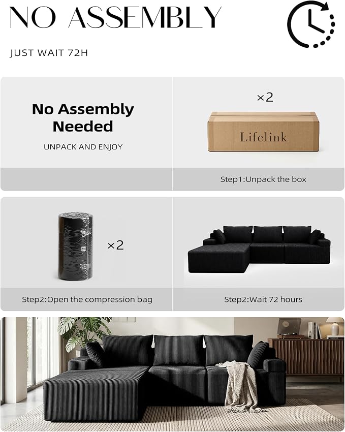 Lifelink 108" Boneless Couch L-Shaped - Modular Sectional Couches for Living Room Cloud Sofa with Deep Seat High Back Oversized Left Facing Chaise No Assembly Required