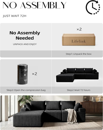 Lifelink 108" Boneless Couch L-Shaped - Modular Sectional Couches for Living Room Cloud Sofa with Deep Seat High Back Oversized Left Facing Chaise No Assembly Required