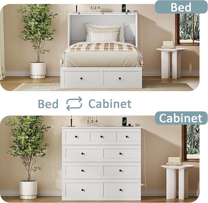 LIVAUVEAD Twin Murphy Bed with Built-in Charging Station, Space-Saving Murphy Bed Chest Twin with Drawer, Foldable, for Home Office Guest Room Bedroom White