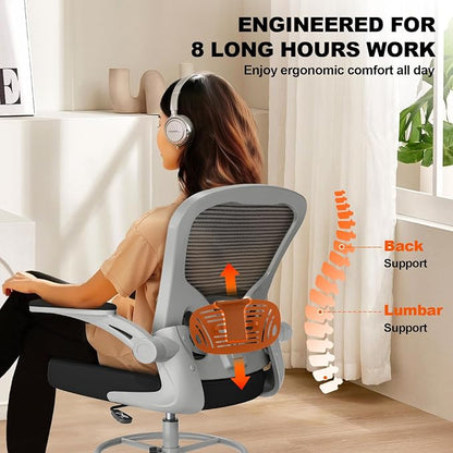 Synorla Ergonomic Drafting Chair, Tall Mesh Office Chair with Flip-up Armrests, Lumbar Support Adjustable Footrest Ring for Standing Desk Gray Pink