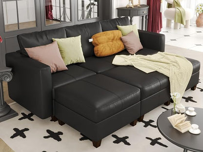 EASE MOOSE Faux Leather Sectional Sleeper Couch with Storage, Faux Leather Modular Sofa Bed Couch
