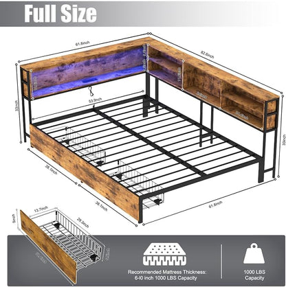 KEIKI Full Size Corner Bed Frames with Storage Drawers, Charging Station, Led Light & Bookcase Headboard, Wooden & Metal L-Shaped Captain Daybed for Small Room, Bedroom, Guest Room, kids'Room, Brown