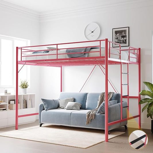 VINGLI Queen Loft Bed with Flat Rungs for Adults, Kids and Young Teens, No Box Spring Required,Heavy Duty Metal Slat Support, Pink