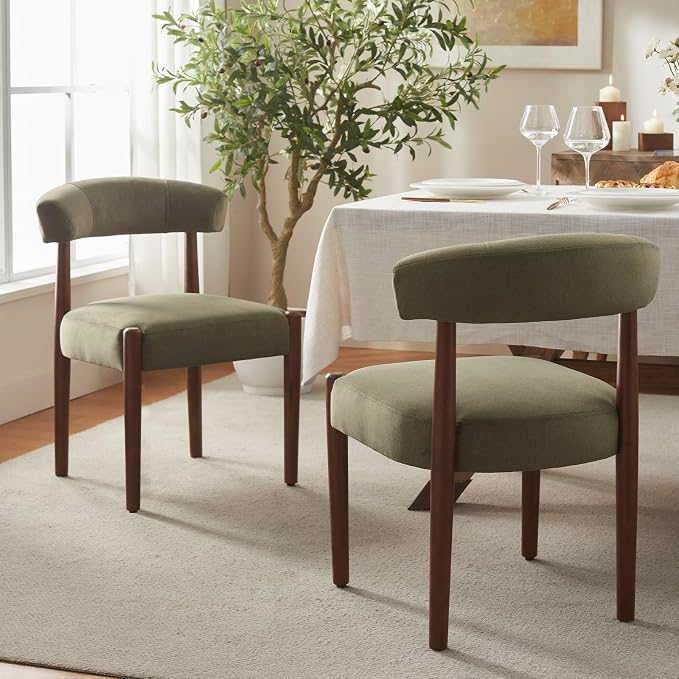VKNOW Wooden Dining Chairs Set of 2, Modern Upholstered Dining Room Chairs with Walnut Wood Legs and Curved Backrest, Fabric Kitchen Chairs for Farmhouse/Living Room/Dining Room, Green