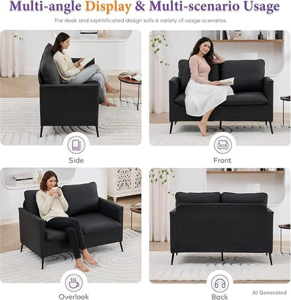 TYBOATLE Faux Leather Loveseat Sofa and Accent Chair Set of 2, Comfy Love Seat Couch and Chair Set, Mid-Century Modern 2 Seat Couches for Small Spaces, 3 Pieces Living Room Furniture Sets (Black, 3)