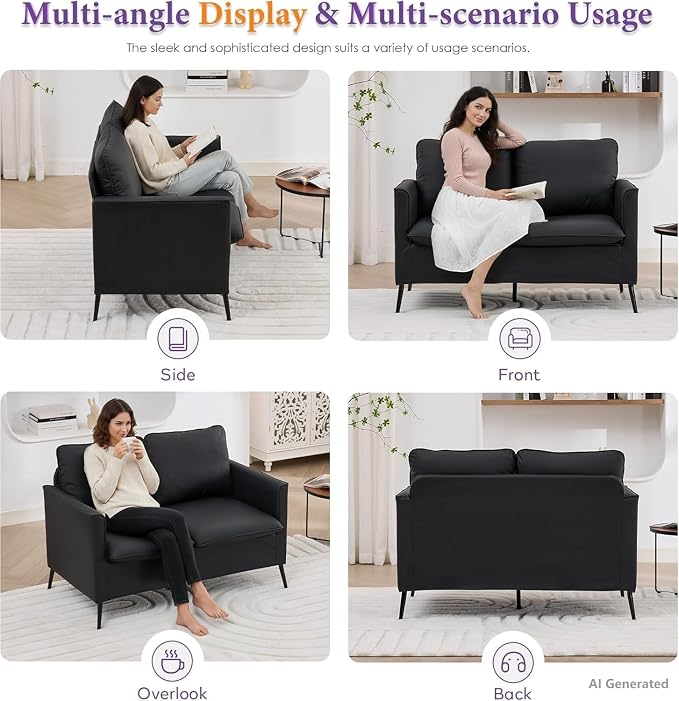 TYBOATLE Faux Leather Loveseat Sofa, Comfy Small Love Seat Mini Couch with 2 Pillows, Mid-Century Modern 2 Seater Couches for Small Spaces, Living Room, Bedroom, Apartment, Office, Dorm (Black, 1)