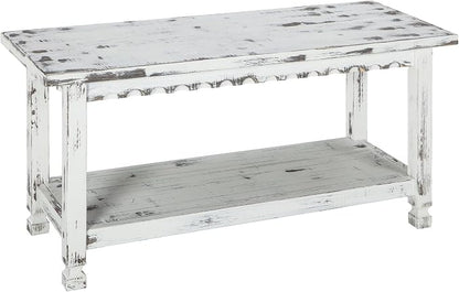 Country Cottage 36-Inch Farmhouse Entryway Bench with Storage Shelf – Solid Pine Wood Bench in Distressed White for Hallway, Bedroom, or Mudroom by Alaterre Furniture