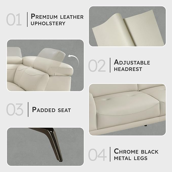 Lexicon L-Shaped Sectional Couch with Right Chaise, Top Grain Leather Match Sectional Sofa, Adjustable Headrests, Black Chrome Metal Legs, High-Density Cushions, Stitching, for Living Room, Beige
