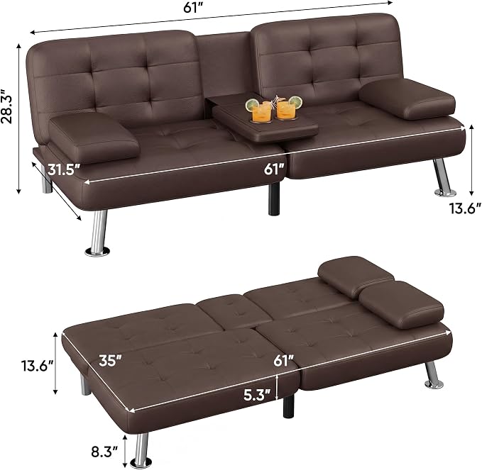 Flamaker Futon Sofa Bed Modern Folding Futon Set Convertible Recliner Lounge for Living Room with 2 Cup Holders, Removable Armrests (PU Leather, Brown)