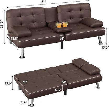 Flamaker Futon Sofa Bed Modern Folding Futon Set Convertible Recliner Lounge for Living Room with 2 Cup Holders, Removable Armrests (PU Leather, Brown)