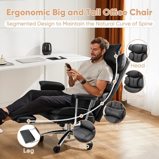 Sweetcrispy Home Office Desk Chair, Executive Ergonomic Big Tall High Back with Footrest & Lumbar Support, Reclining Height Adjustable, Comfy PU Leather Computer Gaming with Swivel Wheels, Black