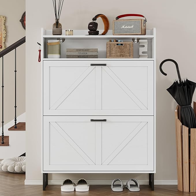 BORNOON Shoe Cabinet with 2 Flip Drawers Narrow Shoe Storage Cabinet Organizer Wooden Freestanding Shoe Rack Hidden Slim Shoes Storage Cabinet for Entryway, Hallway, Bedroom