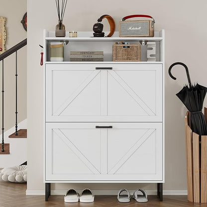 BORNOON Shoe Cabinet with 2 Flip Drawers Narrow Shoe Storage Cabinet Organizer Wooden Freestanding Shoe Rack Hidden Slim Shoes Storage Cabinet for Entryway, Hallway, Bedroom