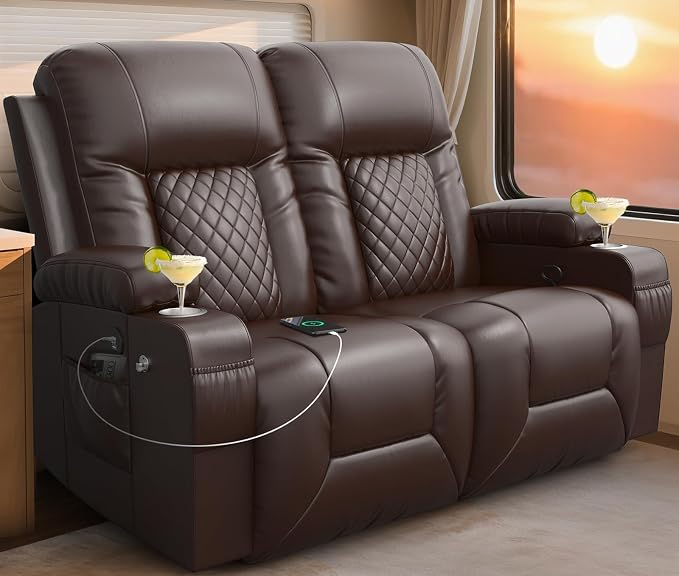 RV Loveseat Recliner Sofa, Reclining Loveseat Wall Hugger Recliners with USB Ports, Cup Holders, Insert Pockets, RV Recliners for Travel Trailers & Living Room, RV Furniture | RV Couch | Brown