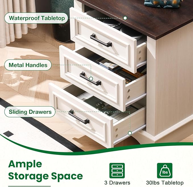 22-Inch Wide Modern Nightstand with Charging Station, End Table with 3 Large Drawers, Simple Design Bedside Table for Bedroom and Office,White(Single Piece)