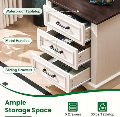 22-Inch Wide Modern Nightstand with Charging Station, End Table with 3 Large Drawers, Simple Design Bedside Table for Bedroom and Office,White(Single Piece)