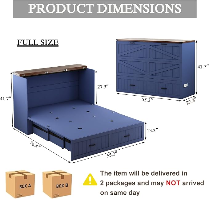 Queen Murphy Bed with Storage & Charging Station, Farmhouse Murphy Cabinet Bed with Large Drawer, Hideaway Foldable Platform Bed for for Guest Room, Bedroom, Home Office, Blue
