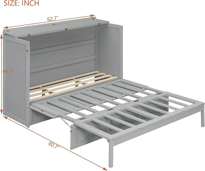Bellemave Queen Size Murphy Bed, Cabinet Bed with Charging Station and Storage, Farmhouse Murphy Cabinet with Foldable Panel, for Bedroom,Office, Brushed Gray